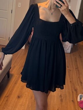 Mango Black Square-Neck Mini Dress with Billowy Sleeves